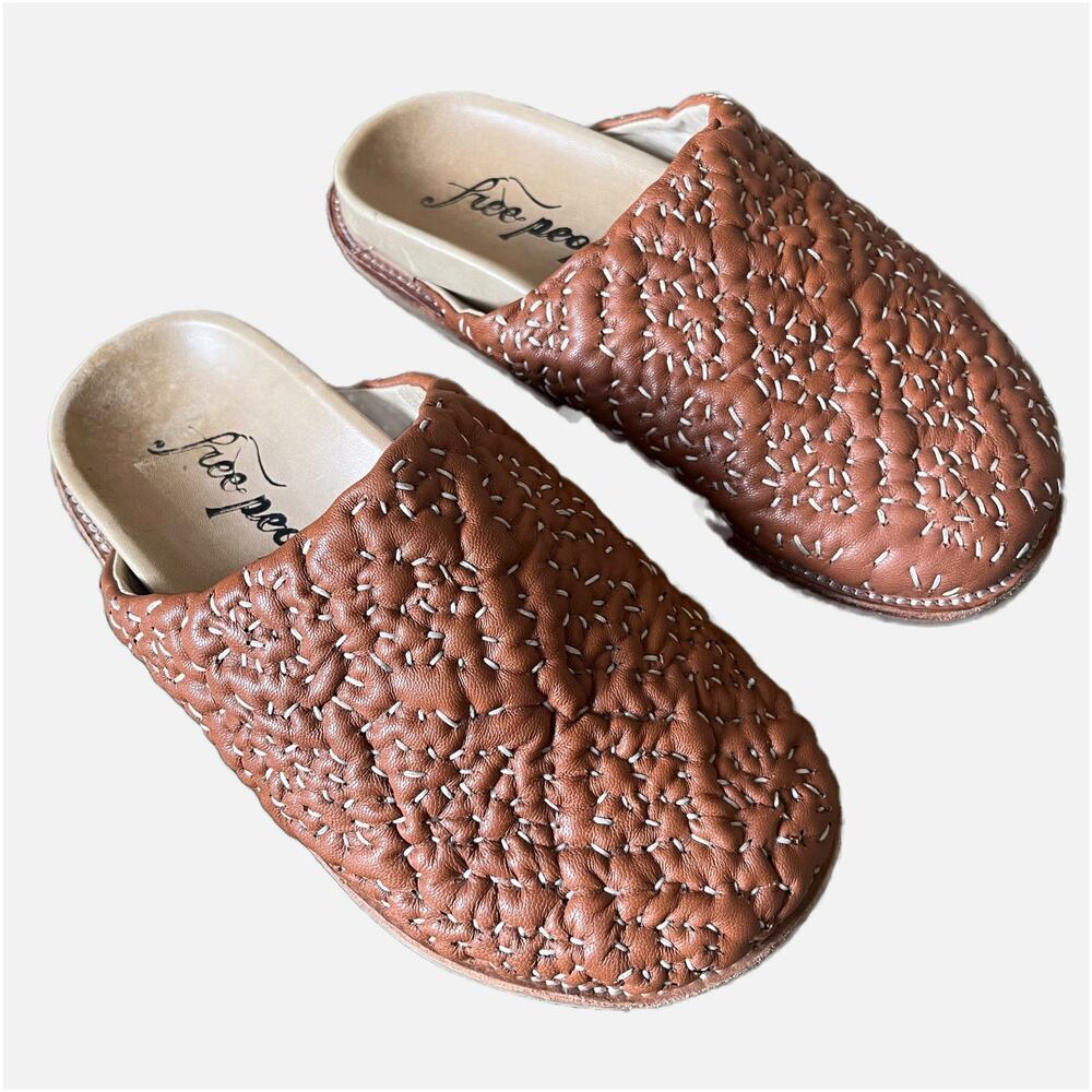 Free People Quilted Leather Mules Clogs Brown Size 7